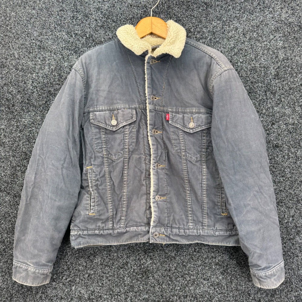 Levis 70520 Sherpa Lined Corduroy Trucker Jacket Blue Gray Mens Small